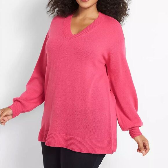 NWT Lane Bryant Pink Blouson Sleeve V-Neck Oversized Tunic Sweater Plus Sz 26/28 - Picture 1 of 10